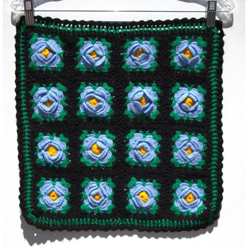 Handmade Crochet 3D Floral Table Mats Set Black Blue Green Vintage Style Doilies